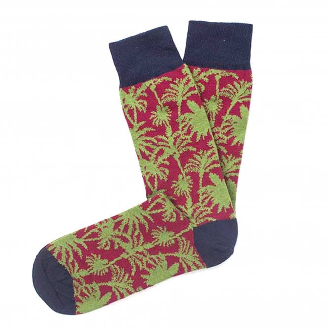 Tresanti Navy Blue, Raspberry Red & Green Palm Trees Pattern Combed Cotton Men's Socks
