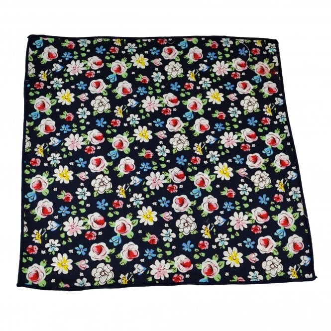 Tresanti Navy Blue, Red, Yellow, Green & White Flower Patterned Cotton Pocket Square Handkerchief