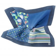 Tresanti Navy Blue & Royal Blue 4-Way Printed Silk Pocket Square Handkerchief