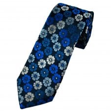 Tresanti Navy Blue, Royal, French Navy & Silver Floral Pattern Men's Silk Designer Tie