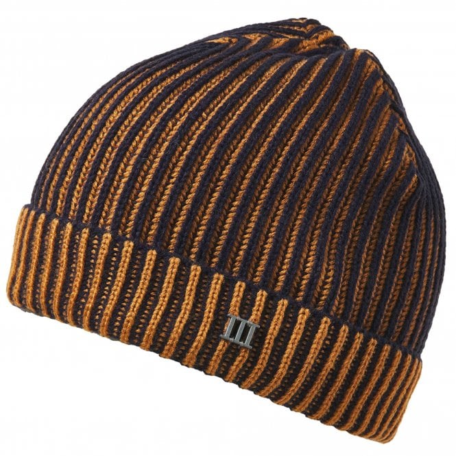 Tresanti Navy Blue & Rust Orange Ribbed Beanie Hat With Metal Tresanti Logo