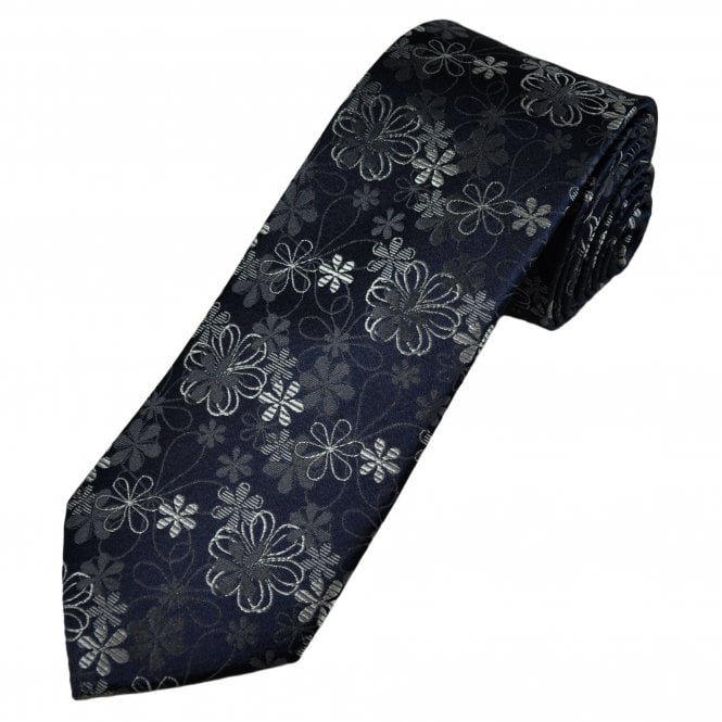 Tresanti Navy Blue & Shades of Grey Floral Pattern Men's Silk Designer Tie