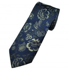 Tresanti Navy, Blue & Silver Green Floral Pattern Men's Designer Silk Tie