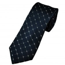 Tresanti Navy Blue & Silver Lurex Checked Patterned Men's Silk Designer Tie