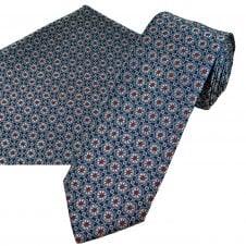 Tresanti Navy Blue, Silver & Red Geometric Flower Pattern Men's Designer Silk Tie & Pocket Square Handkerchief Set