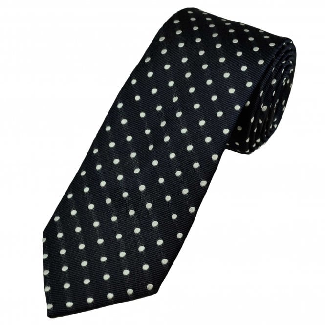 Tresanti Navy Blue & Silver White Polka Dot Men's Silk Designer Tie