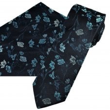 Tresanti Navy, Petrol Blue & Silver Floral Pattern Men's Silk Tie & Pocket Square Handkerchief Set