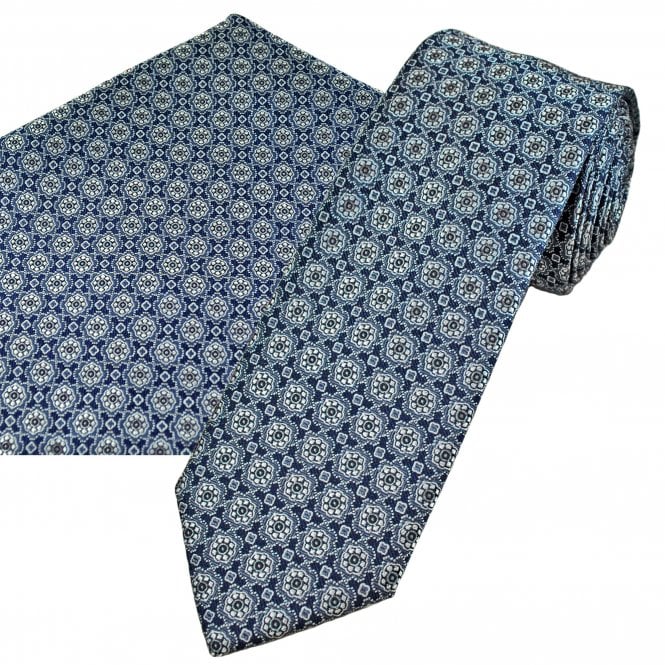 Tresanti Navy, Silver & Blue Geometric Flower Pattern Men's Designer Silk Tie & Pocket Square Handkerchief Set
