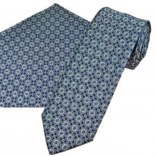 Tresanti Navy, Silver & Blue Geometric Flower Pattern Men's Designer Silk Tie & Pocket Square Handkerchief Set