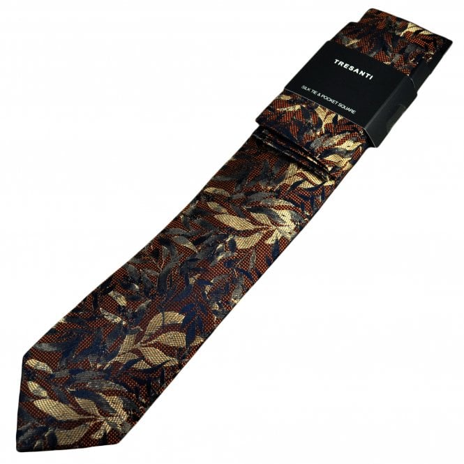 Tresanti Orange, Navy Blue & Beige Floral Pattern Men's Designer Silk Tie & Pocket Square Handkerchief Set
