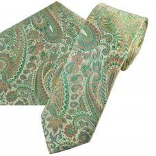 Tresanti Pastel Pink, Lemon Yellow, Light Green & Cream Paisley Pattern Men's Silk Tie & Pocket Square Handkerchief Set