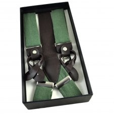 Tresanti Plain Fern Green Men's Trouser Braces - Dual 2-in-1 Brown Leather Ends and Silver Clips