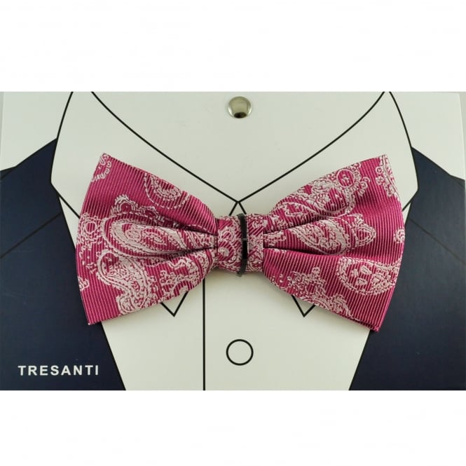 Tresanti Raspberry Pink & Silver White Paisley Pattern Silk Men's Bow Tie