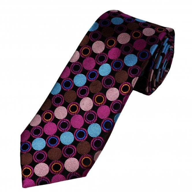 Tresanti Reale Black, Fuchsia, Baby Pink, Orange, Sky Blue & Copper Brown Circles Patterned Silk Designer Tie