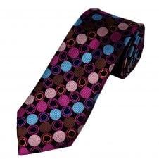 Tresanti Reale Black, Fuchsia, Baby Pink, Orange, Sky Blue & Copper Brown Circles Patterned Silk Designer Tie