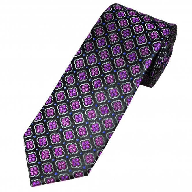 Tresanti Reale Black, Fuchsia Pink, Grey & Blue Flower Motif Pattern Men's Silk Tie