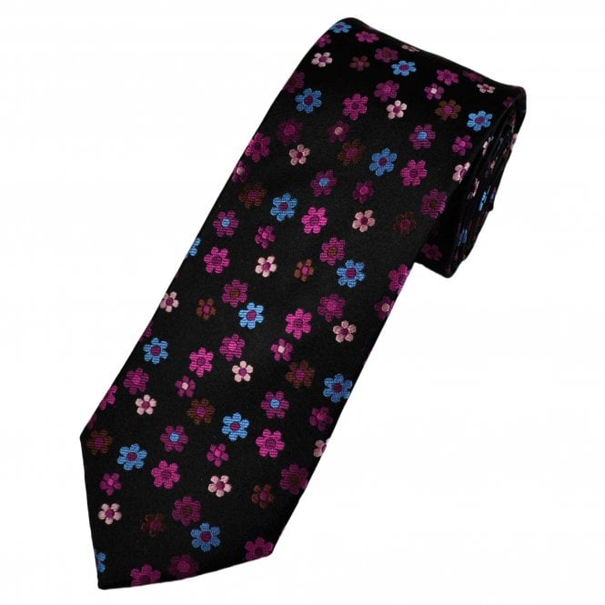 Tresanti Reale Black, Fuchsia Pink, Light Pink, Burgundy & Blue Flower Patterned Men's Silk Tie