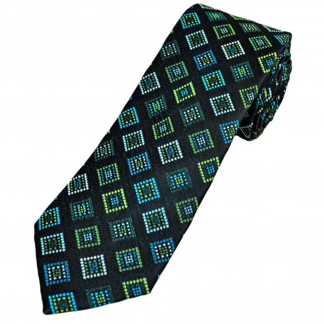 Tresanti Reale Black, Green, Bottle Green, Turquoise & Silver Diamond Pattern Men's Silk Designer Tie