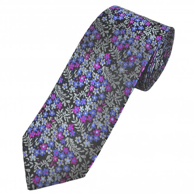 Tresanti Reale Black, Grey, Fuchsia Pink & Royal Blue Flower Pattern Men's Silk Tie