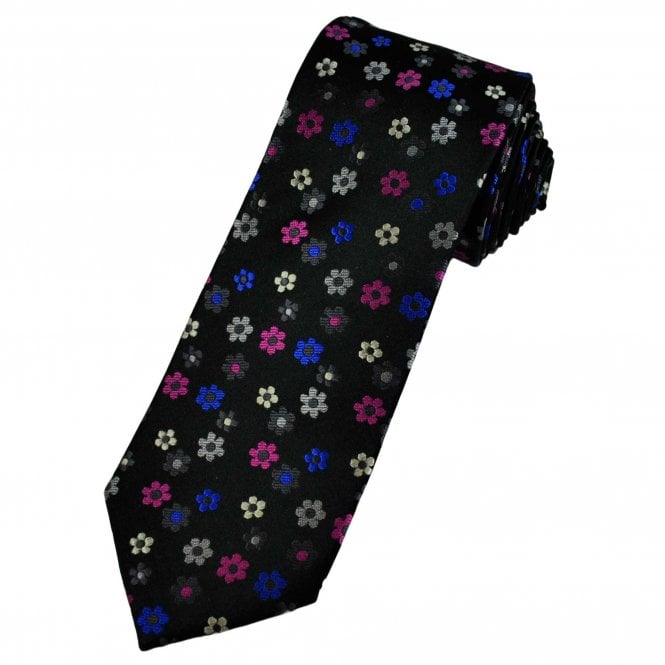 Tresanti Reale Black, Grey, Royal Blue, Fuchsia Pink & Silver Flower Patterned Men's Silk Tie