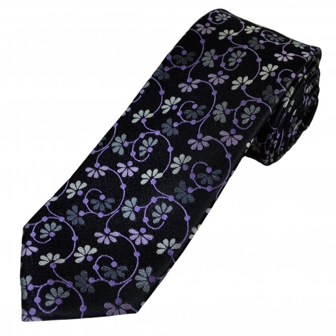 Tresanti Reale Black, Lilac, Grey & Silver Floral Pattern Men's Silk Designer Tie
