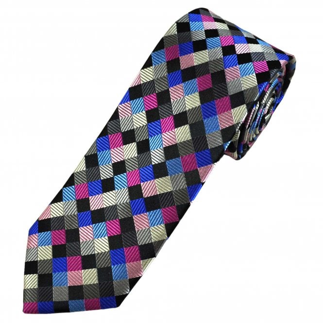 Tresanti Reale Black, Pink, Fuchsia Pink, Royal Blue, Sky Blue, Beige & Brown Square Patterned Men's Silk Tie