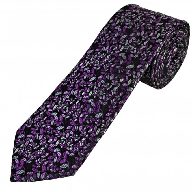 Tresanti Reale Black, Purple, Lilac, Silver & White Floral Pattern Men's Silk Designer Tie