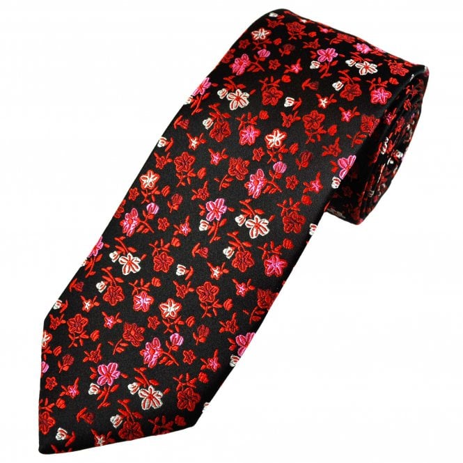 Tresanti Reale Black, Red, White & Pink Flower Patterned Men's Silk Tie