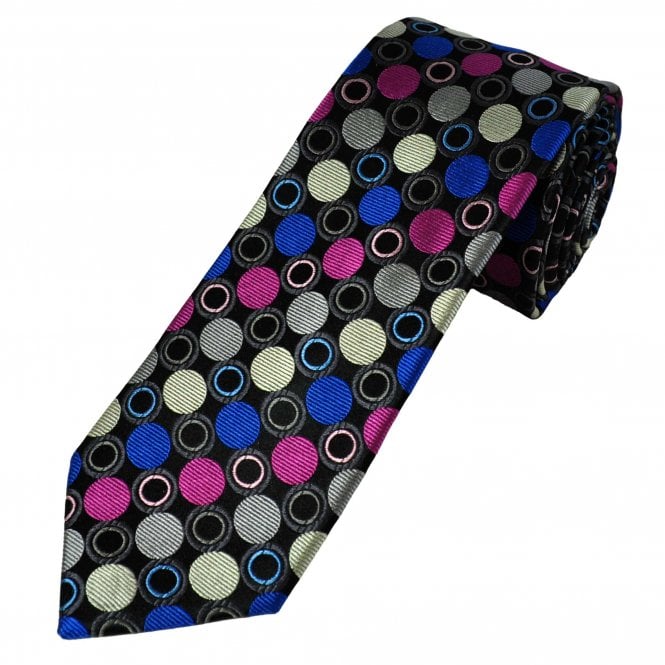 Tresanti Reale Black, Royal Blue, Grey, Fuchsia Pink, Baby Pink & Ivory Circles Patterned Silk Designer Tie