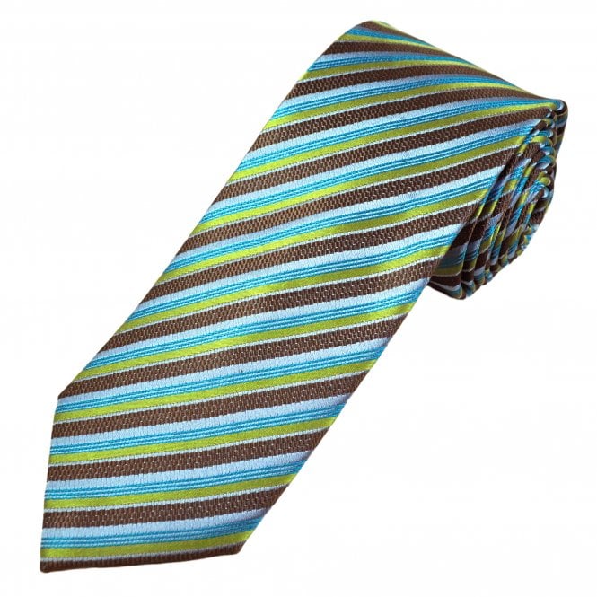 Tresanti Reale Brown, Lime Green, Turquoise & Light Blue Striped Men's Silk Designer Tie