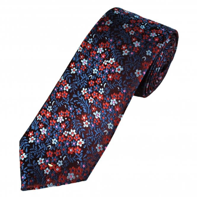 Tresanti Reale Burgundy, Navy, Sky Blue, Red & Pink Flower Patterned Silk Designer Tie