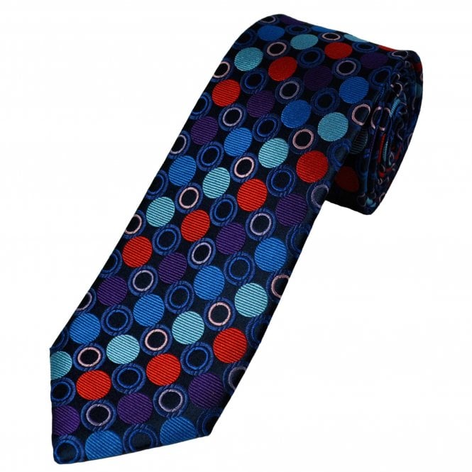 Tresanti Reale French Navy, Sapphire Blue, Slate Blue, Red, Plum & Pink Circles Patterned Silk Designer Tie