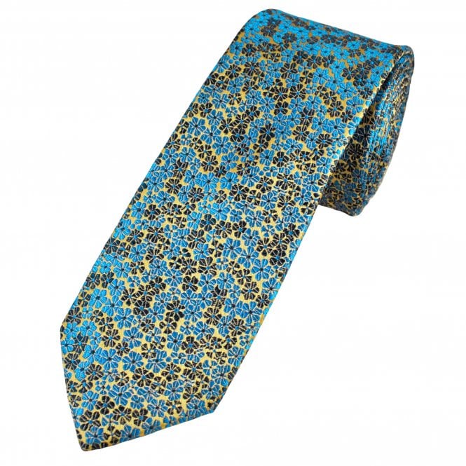 Tresanti Reale Gold, Blue & Navy Flower Pattern Men's Silk Designer Tie