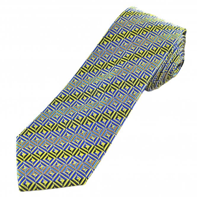 Tresanti Reale Gold, Caramel & Shades of Blue Geometric Pattern Men's Silk Designer Tie