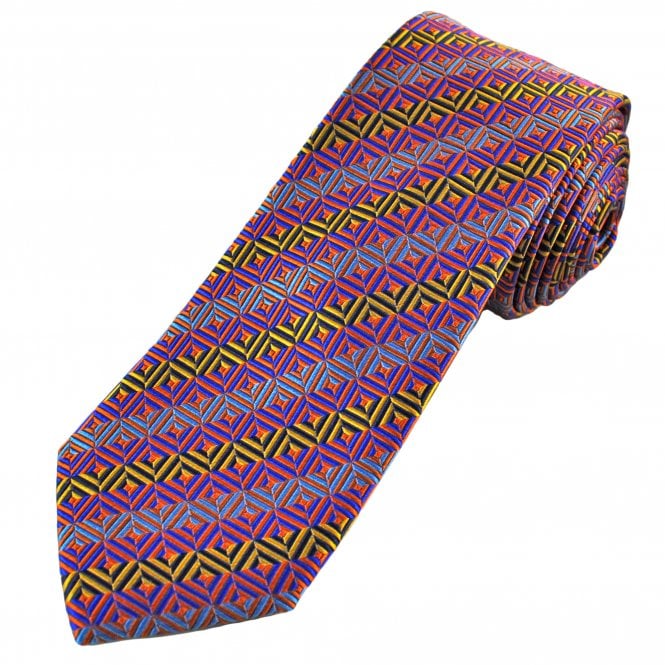 Tresanti Reale Gold, Orange & Shades of Blue Geometric Pattern Men's Silk Designer Tie