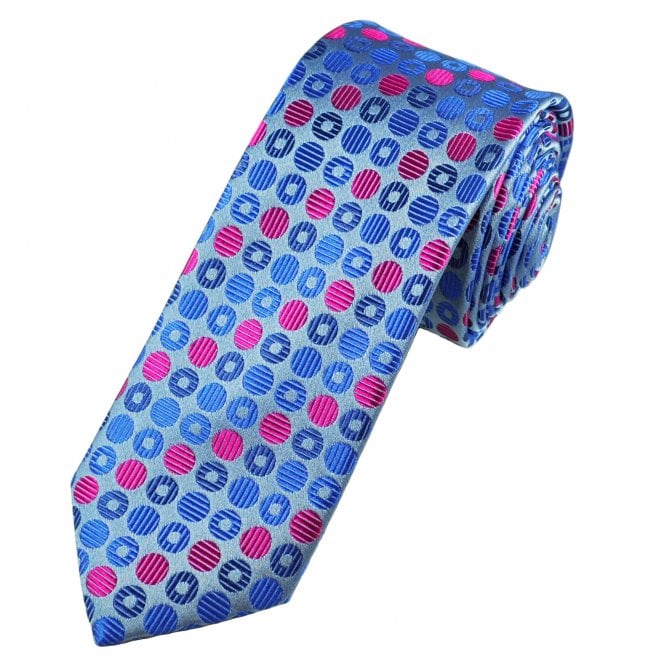 Tresanti Reale Grey, Royal Blue, French Navy & Fuchsia Pink Circles Patterned Silk Designer Tie