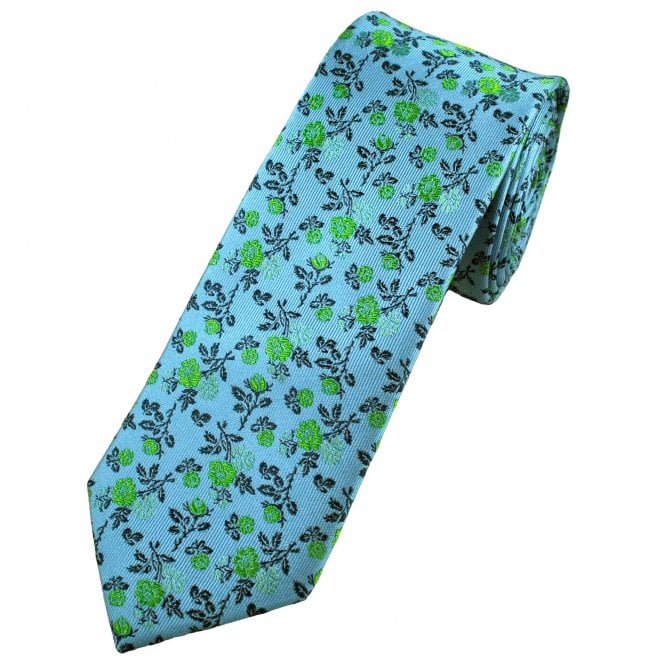 Tresanti Reale Light Blue, Bright Green & Navy Flower Patterned Narrow Men's Silk Tie