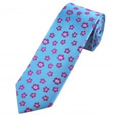 Tresanti Reale Light Blue & Fuchsia Pink Flower Patterned Narrow Men's Silk Tie
