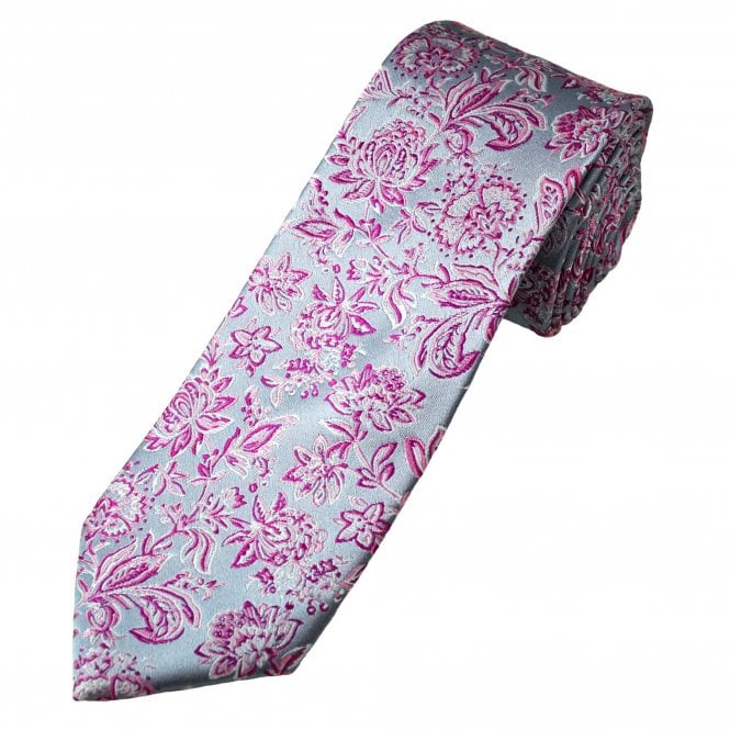 Tresanti Reale Light Blue, Fuchsia, Pink & White Flower Patterned Men's Silk Tie