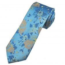 Tresanti Reale Light Blue, Orange, Yellow & Navy Flower Patterned Narrow Men's Silk Tie