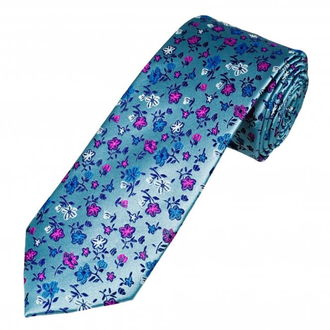 Tresanti Reale Light Blue, Royal Blue, Silver, Purple & Fuchsia Pink Flower Patterned Men's Silk Tie