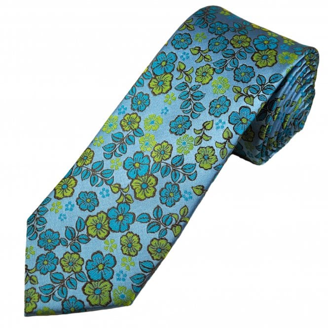 Tresanti Reale Light Blue, Turquoise, Lime Green & Brown Flower Pattern Men's Silk Designer Tie