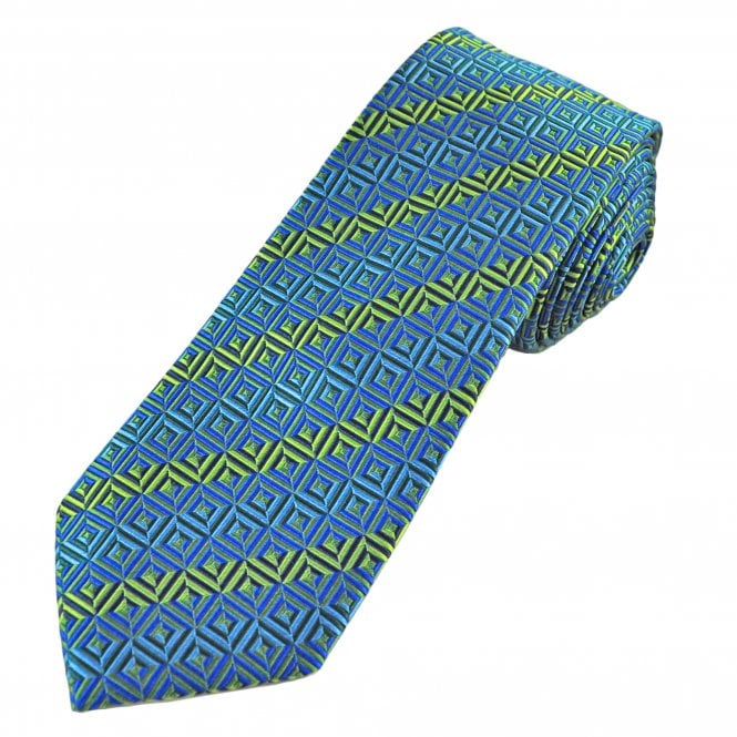 Tresanti Reale Lime, Bottle Green & Shades of Blue Geometric Pattern Men's Silk Designer Tie