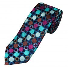 Tresanti Reale Navy, Aqua Blue, Silver, Orange, Brown & Fuchsia Pink Circles Patterned Men's Silk Tie