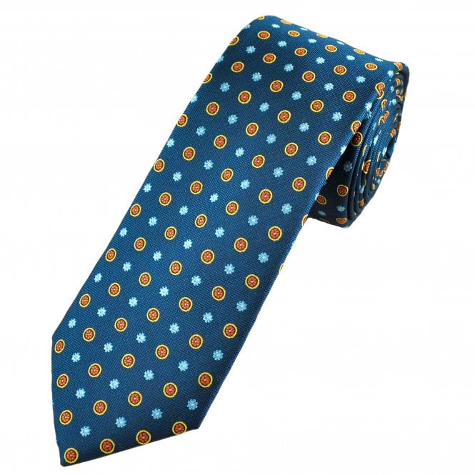 Tresanti Reale Navy Blue and Orange Flower & Circle Pattern Men's Silk Designer Tie