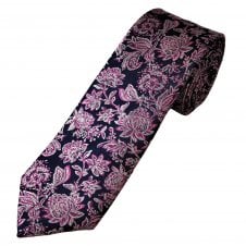 Tresanti Reale Navy Blue, Fuchsia, Silver & Light Pink Flower Patterned Men's Silk Tie