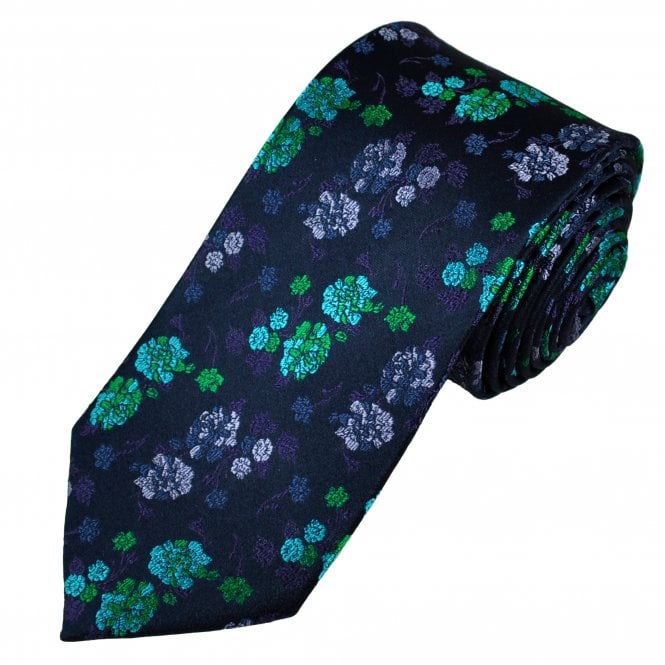 Tresanti Reale Navy Blue, Green, Turquoise, Purple & Lilac Flower Patterned Silk Designer Tie