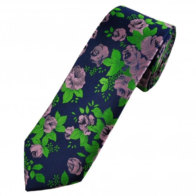 Tresanti Reale Navy Blue, Pink & Green Floral Pattern Silk Men's Designer Tie