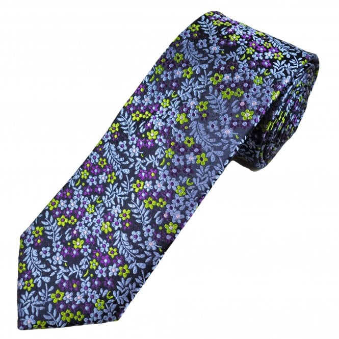 Tresanti Reale Navy Blue, Plum, Lime Green & Arctic Blue Floral Pattern Men's Silk Tie