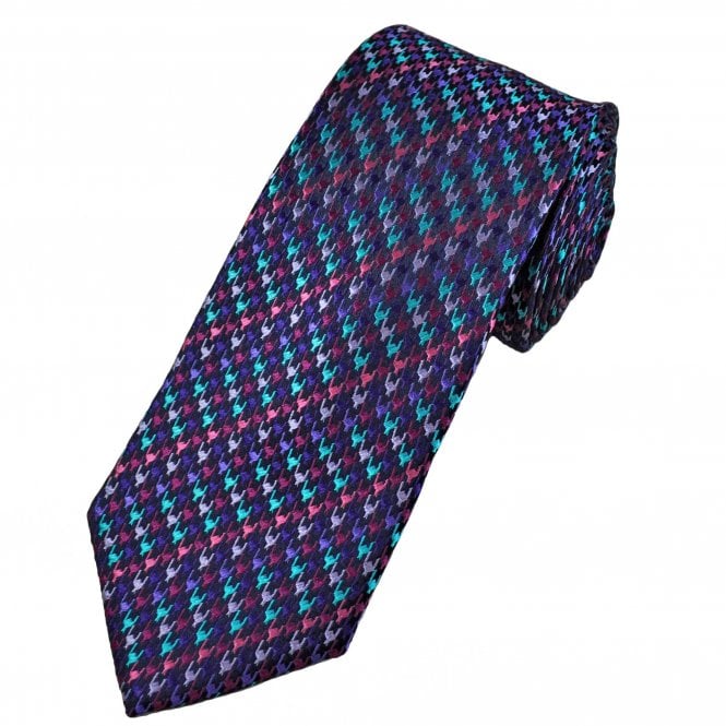 Tresanti Reale Navy Blue, Purple, Lilac, Turquoise, Coral & Fuchsia Pink Houndstooth Pattern Men's Silk Tie
